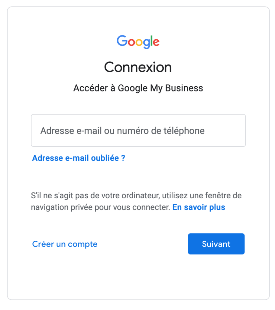 Page connexion Google My Business